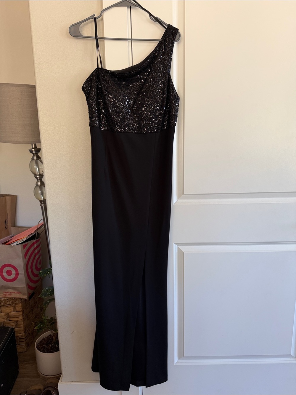 Eliza J Black One-Shoulder Sequin Evening Gown